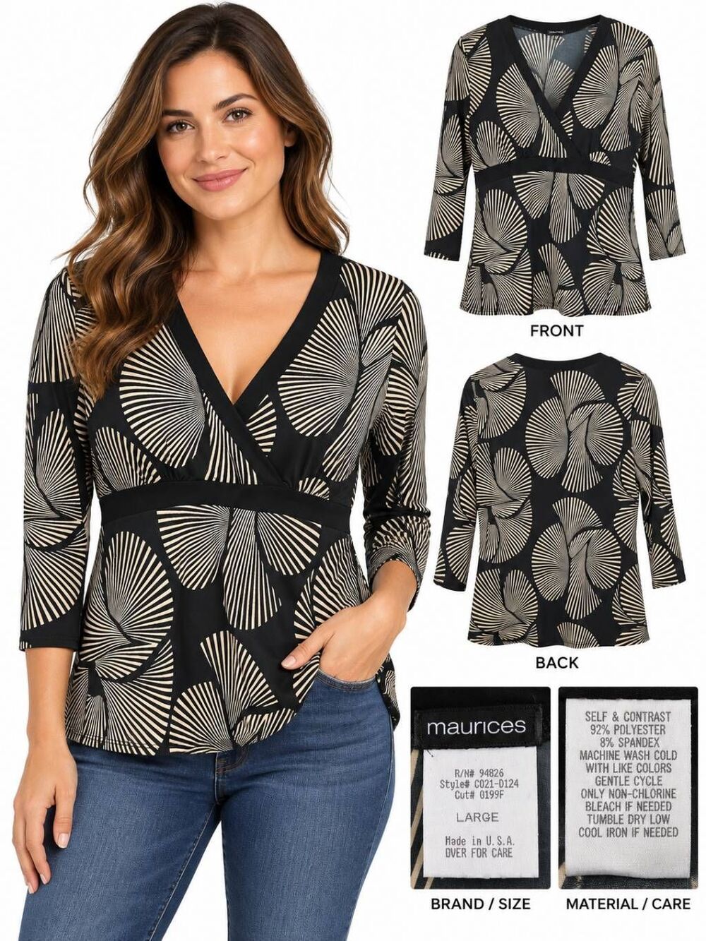 Maurices L Black Beige Geometric Wrap Empire Waist Top